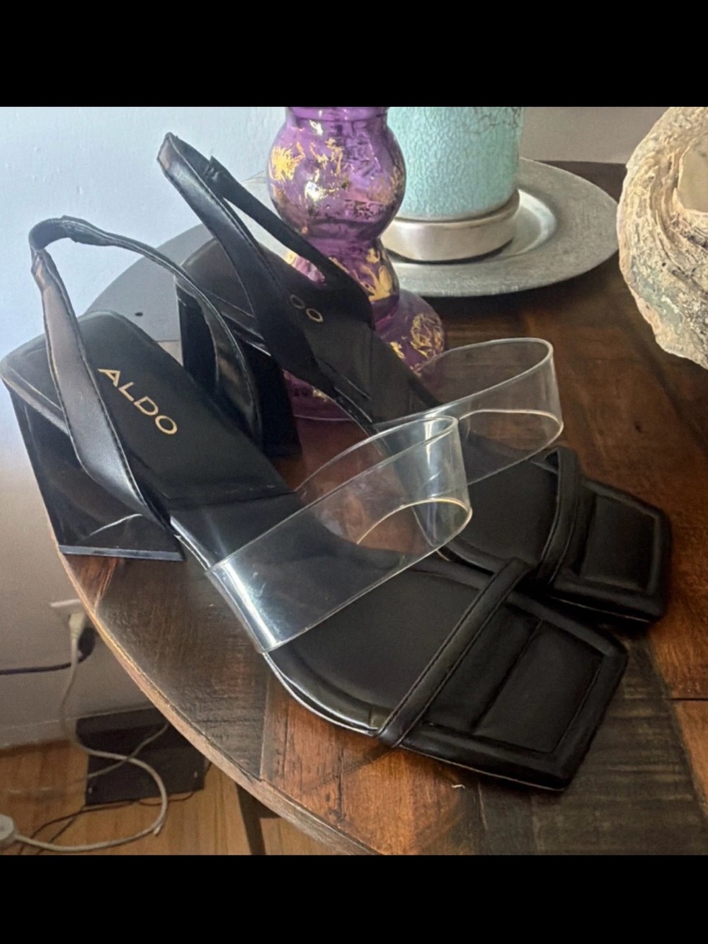 ALDO Black/Clear Strappy Ankle Strap Block Heel Sandals Square Toe US 8.5